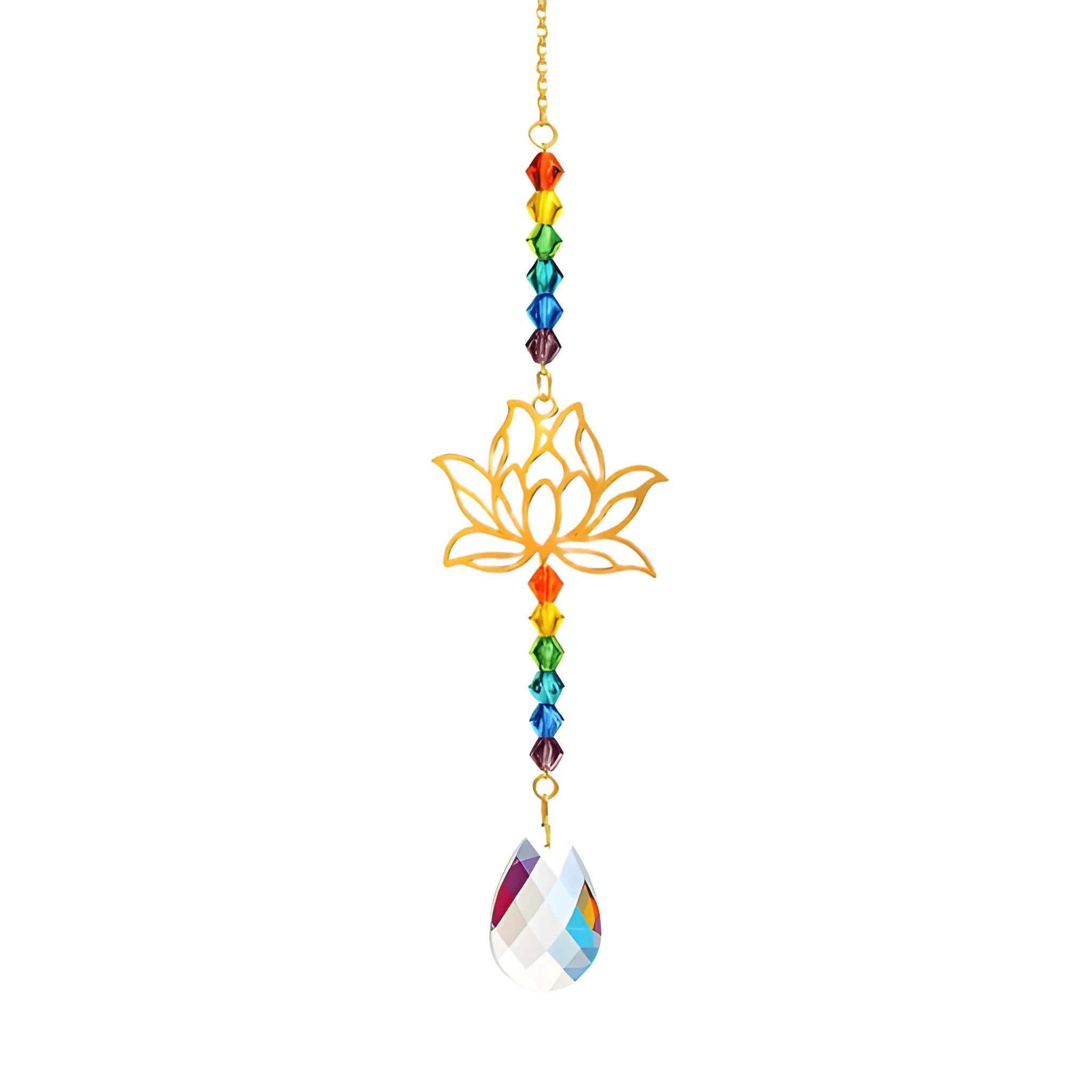 Decorative hanging ornament with lotus design and rainbow beads on a white background