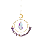 Decorative hanging ornament with purple stones and a teardrop-shaped crystal on a white background