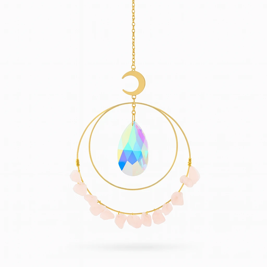 Decorative hanging ornament with a colorful teardrop-shaped crystal, gold chain, and pink stones on a white background.