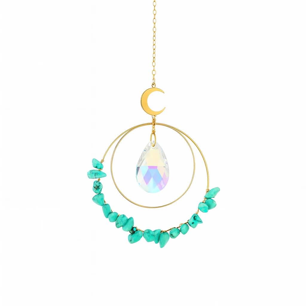 Decorative hanging ornament with turquoise stones and a crystal, on a white background