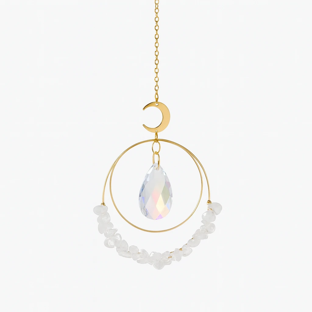 Decorative hanging ornament with gold chain, moon symbol, teardrop crystal, and white beads on a white background.