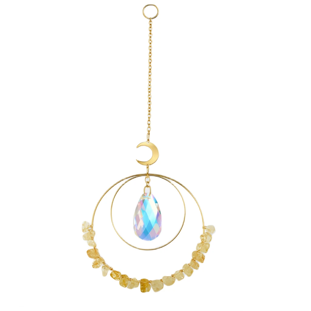 Decorative hanging ornament with gold chain, circular design, and iridescent teardrop pendant on a white background.