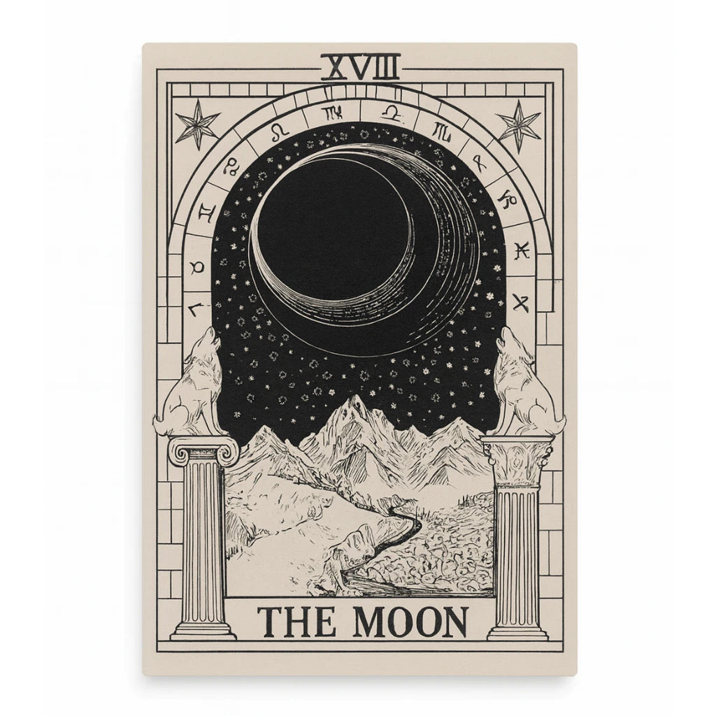 The Moon with a moon phase, mountains, and stars on a beige border.