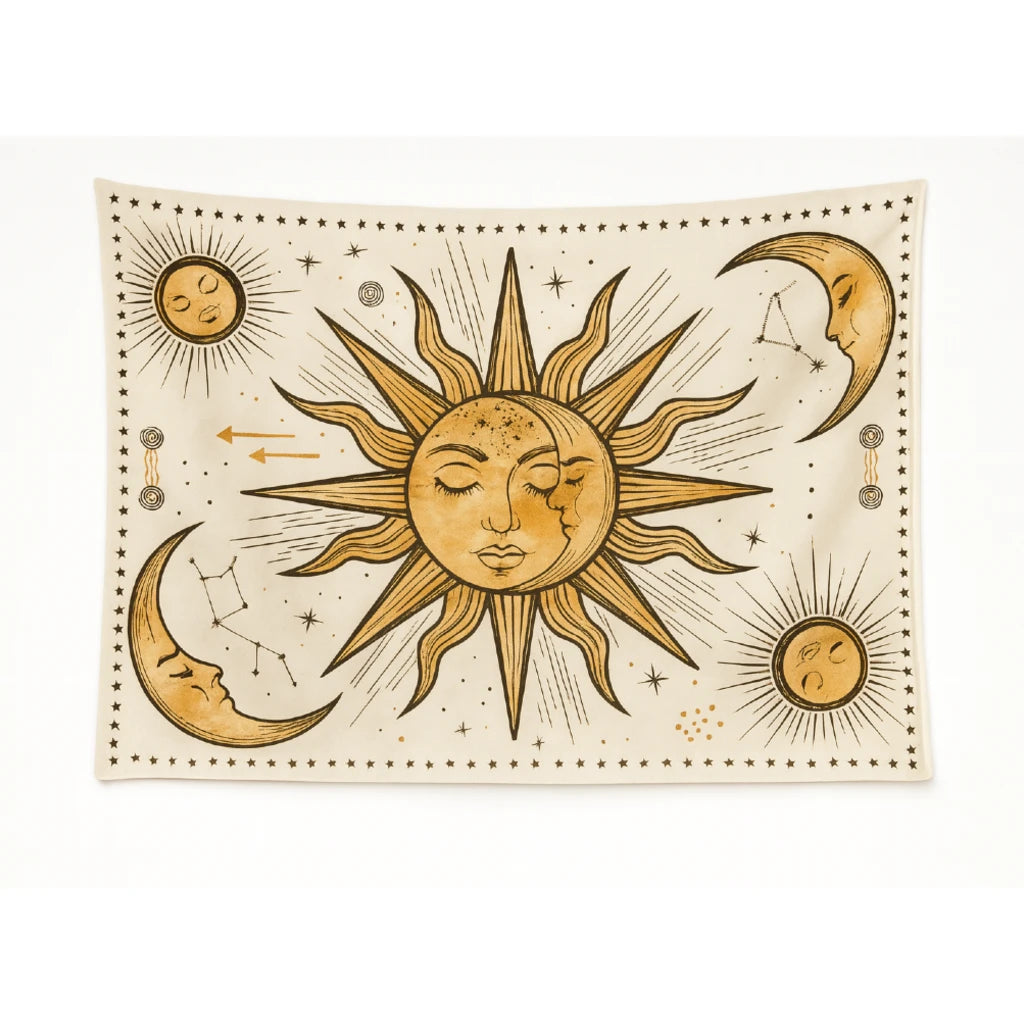 Decorative tapestry with sun and moon designs on a beige background