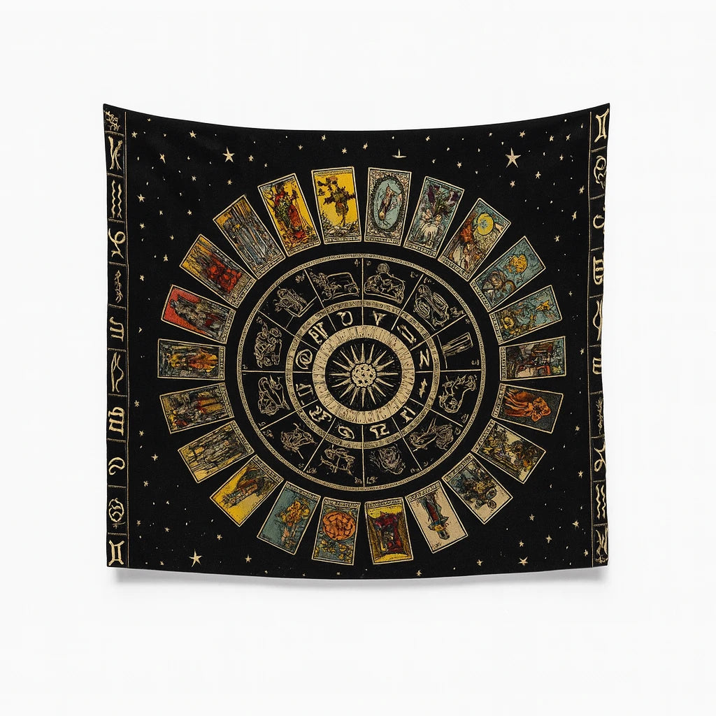 Decorative tapestry with zodiac symbols and tarot card designs on a black background
