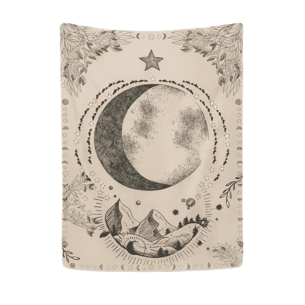 Decorative pillow with moon, star, and mountain design on a beige background