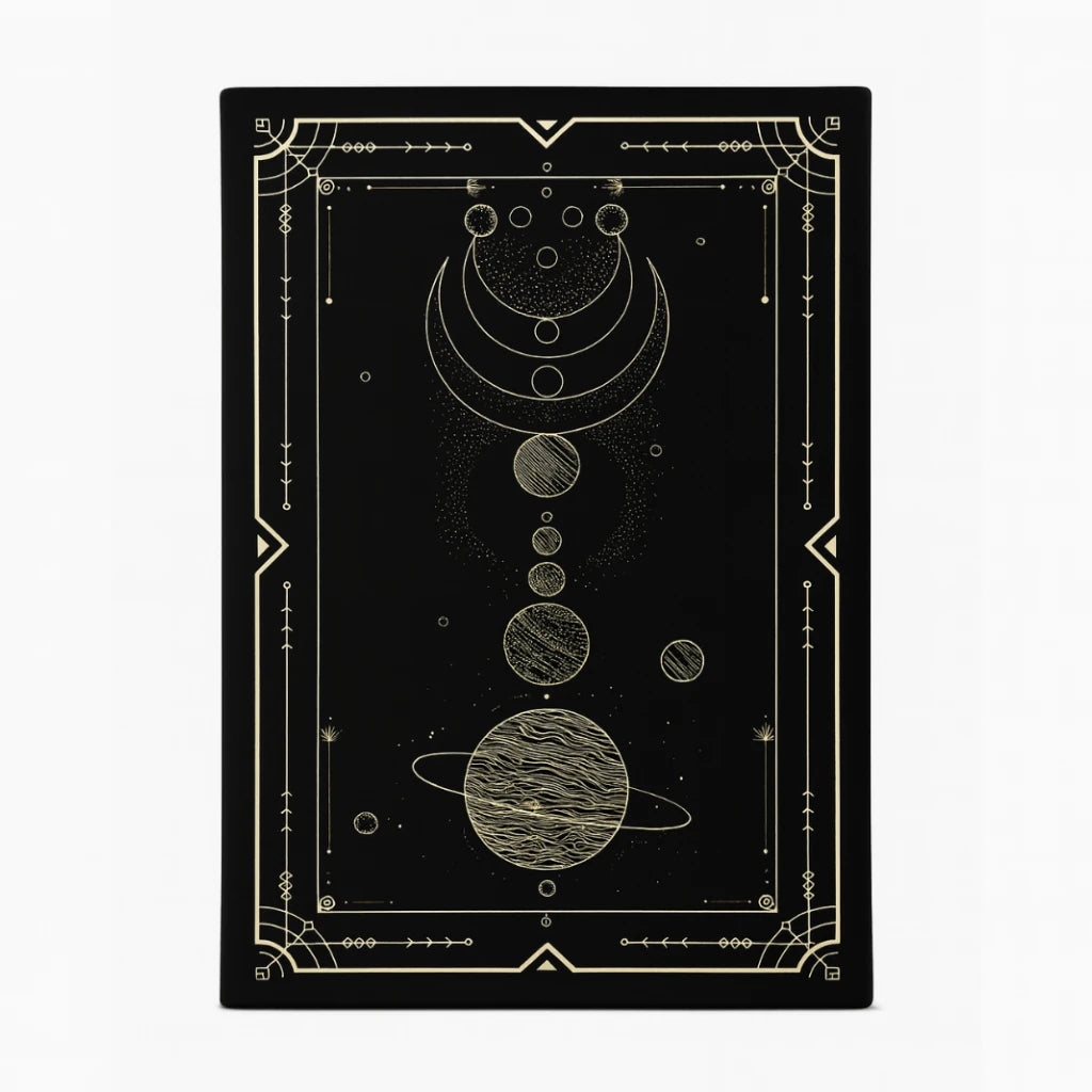 Black and white poster with celestial design on a white background