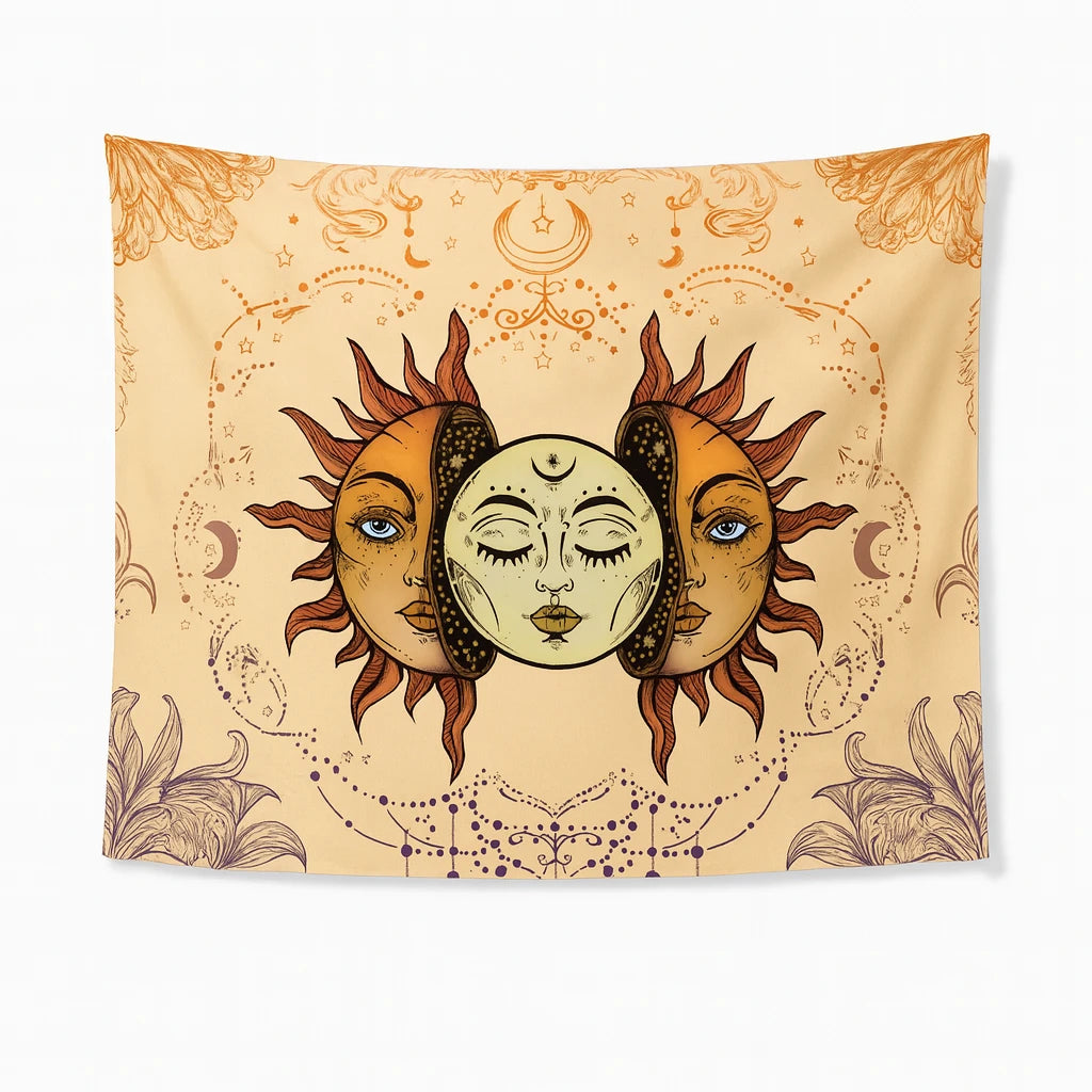 Decorative tapestry with sun and moon design on a beige background