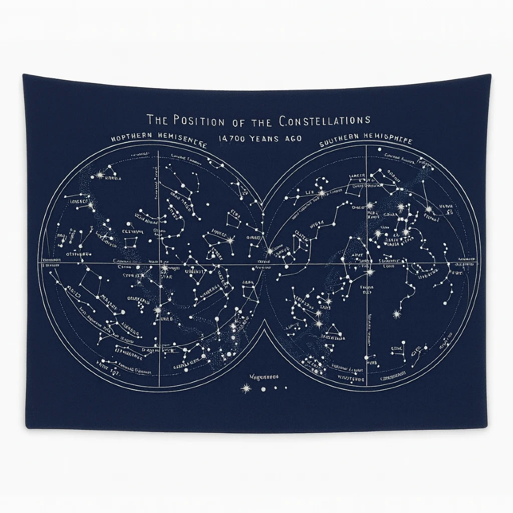 Navy blue tapestry with star constellations map on a white background