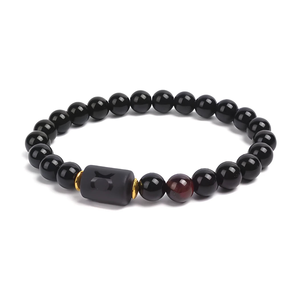 Black beaded bracelet with a unique clasp on a white background