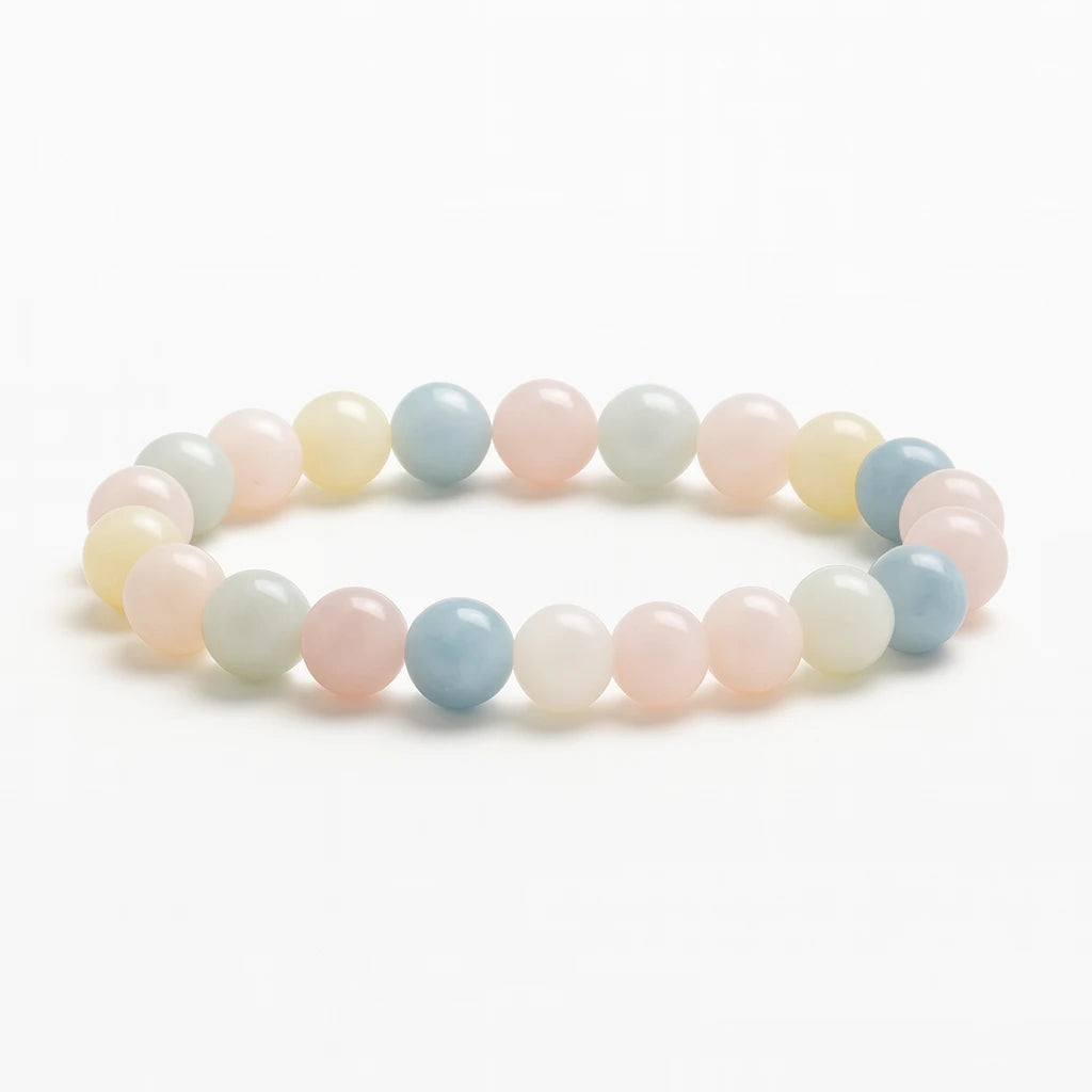 Pastel-colored beaded bracelet on a white background