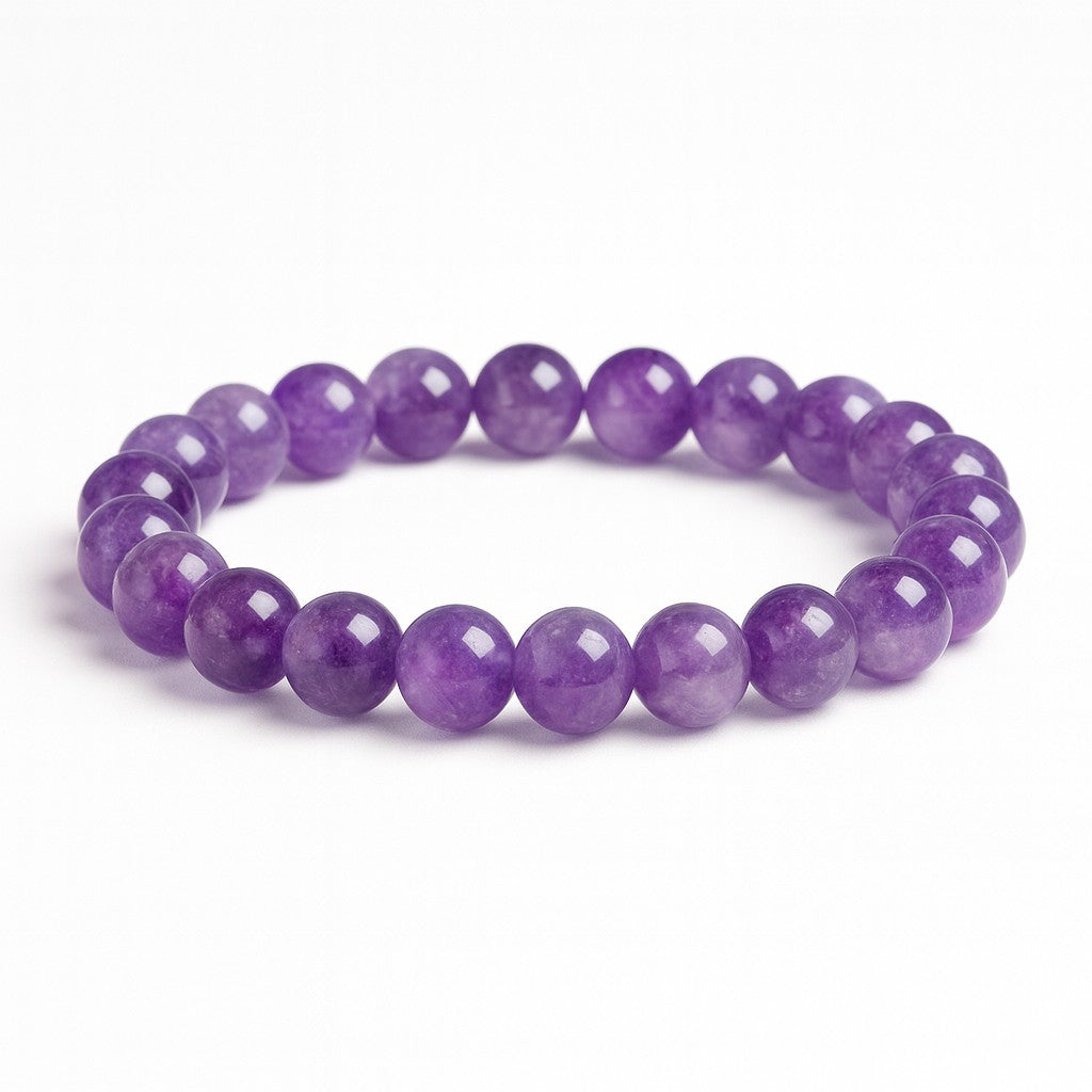 Purple beaded bracelet on a white background