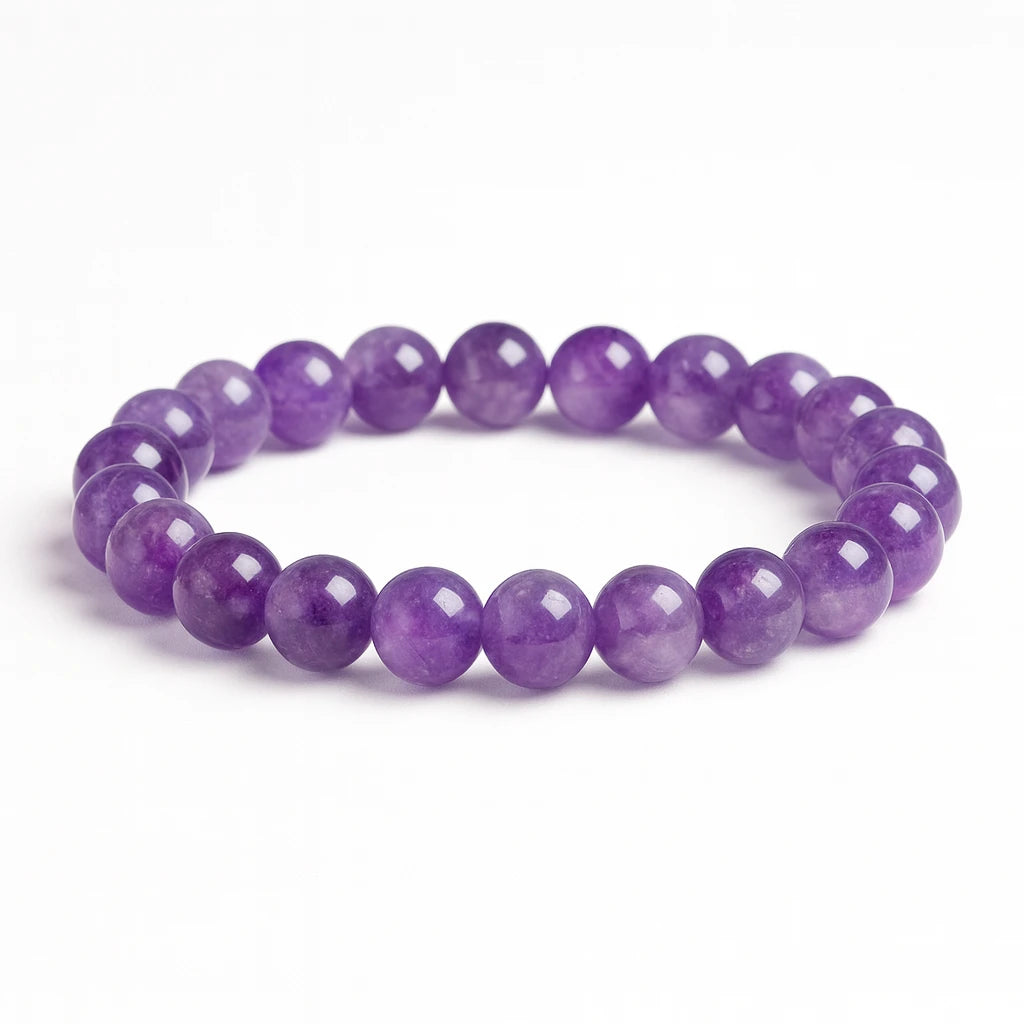 Purple beaded bracelet on a white background