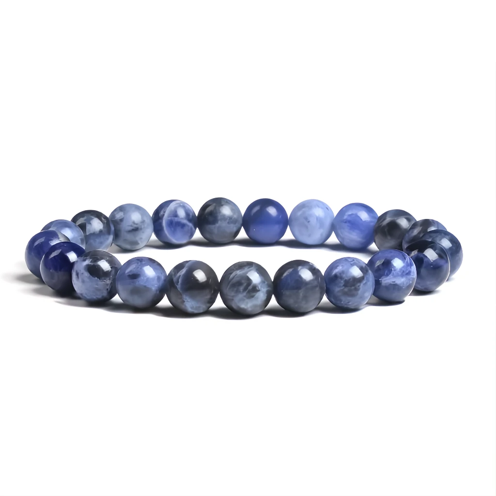 Blue beaded bracelet on a white background