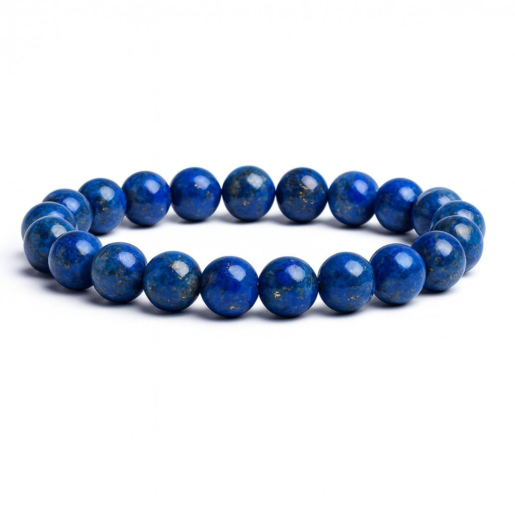 Blue beaded bracelet on a white background