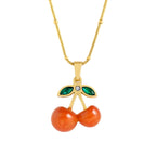 Gold necklace with an orange cherry pendant on a white background
