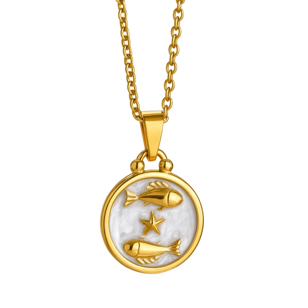Gold necklace with a zodiac pendant featuring fish symbols on a white background