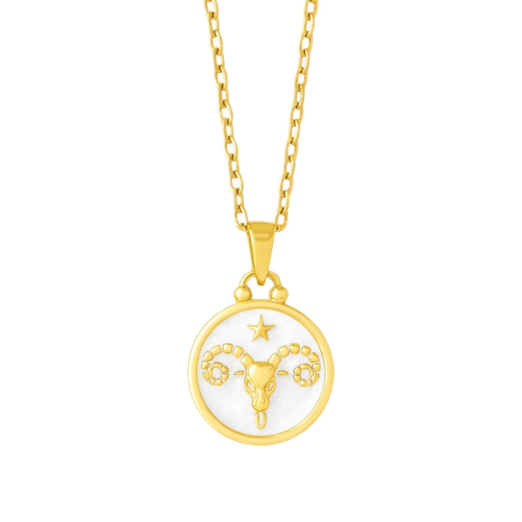 Gold necklace with a zodiac pendant on a white background