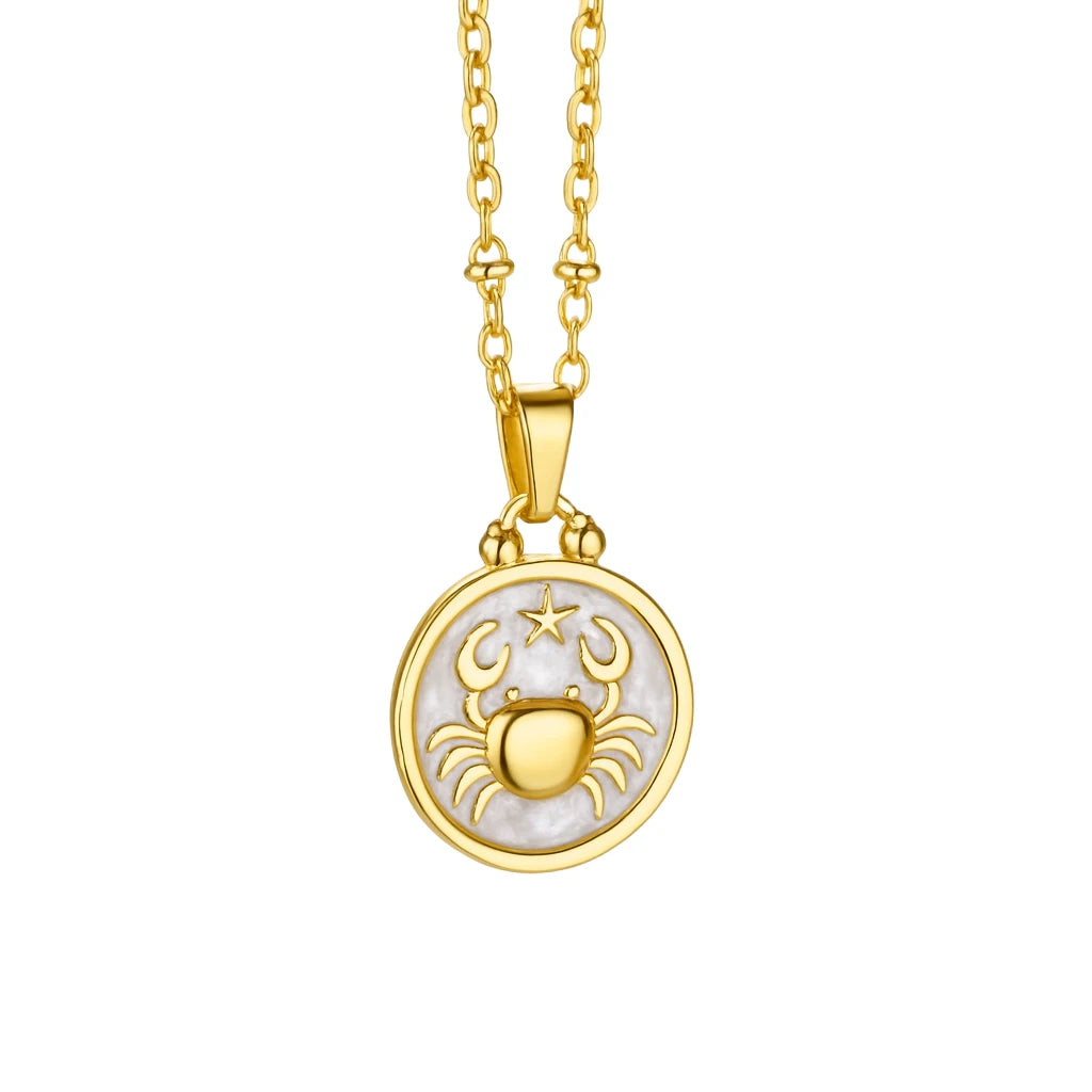 Gold necklace with a zodiac pendant on a white background