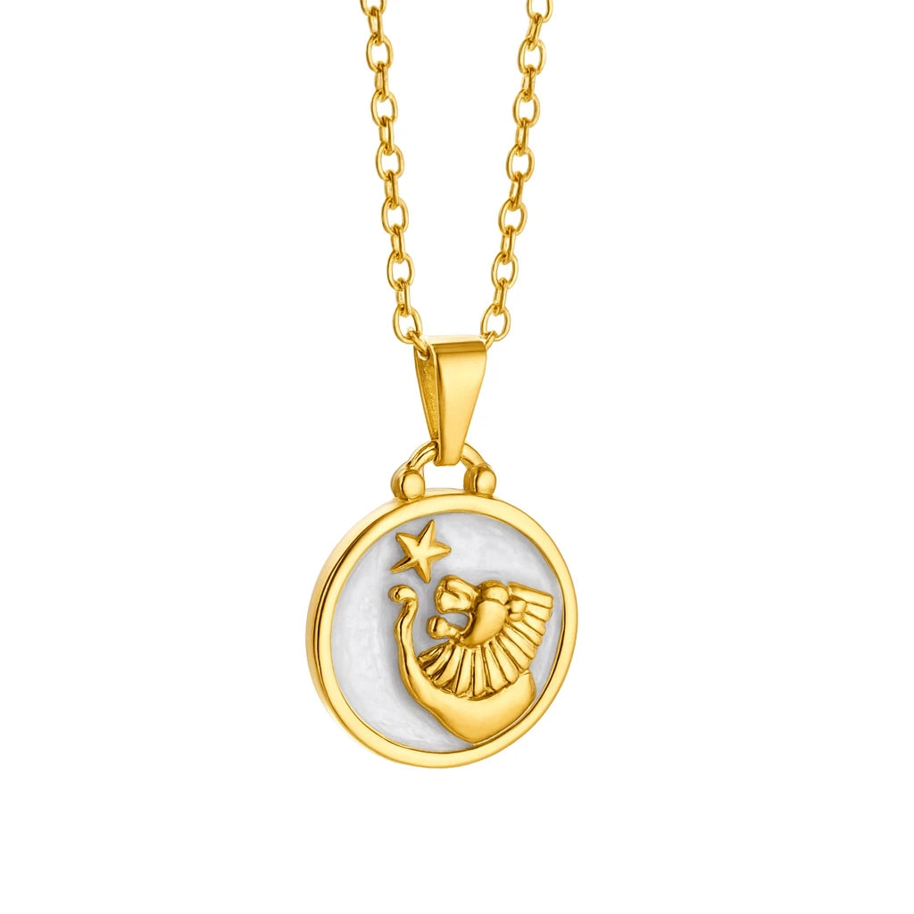 Gold necklace with a circular pendant featuring a leon and star design on a white background