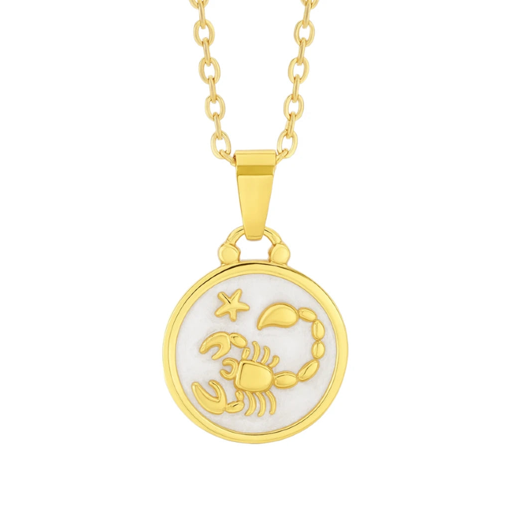 Gold necklace with a Scorpion zodiac pendant on a white background