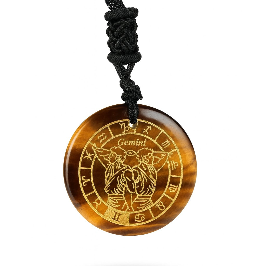 Brown pendant with Gemini zodiac symbol on a black cord against a white background