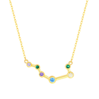 Gold necklace with a zodiac sign pendant featuring colorful gemstones on a white background