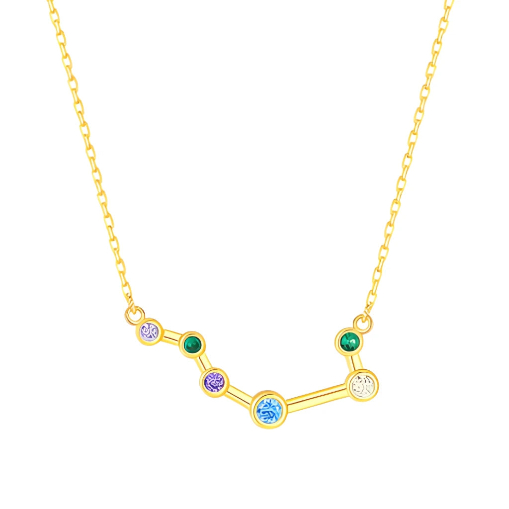 Gold necklace with a zodiac sign pendant featuring colorful gemstones on a white background