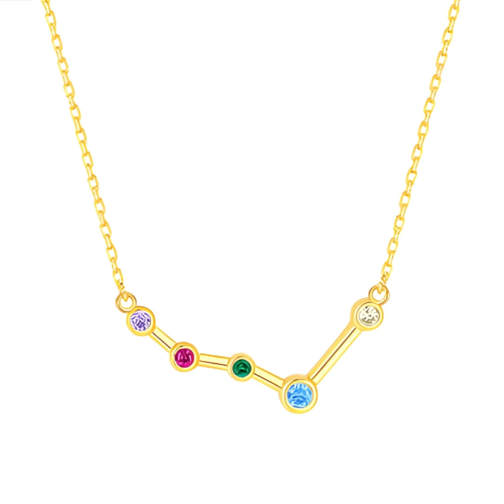 Gold necklace with a zodiac sign pendant featuring colorful gemstones on a white background