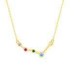 Gold necklace with a zodiac sign pendant featuring colorful gemstones on a white background