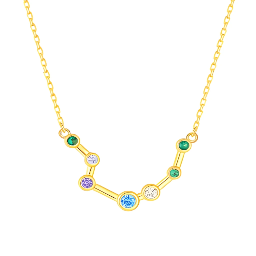 Gold necklace with a zodiac sign pendant featuring colorful gemstones on a white background