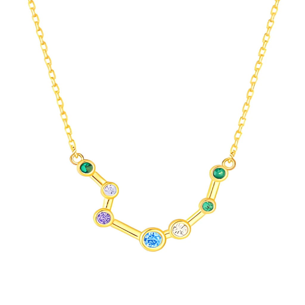 Gold necklace with a zodiac sign pendant featuring colorful gemstones on a white background