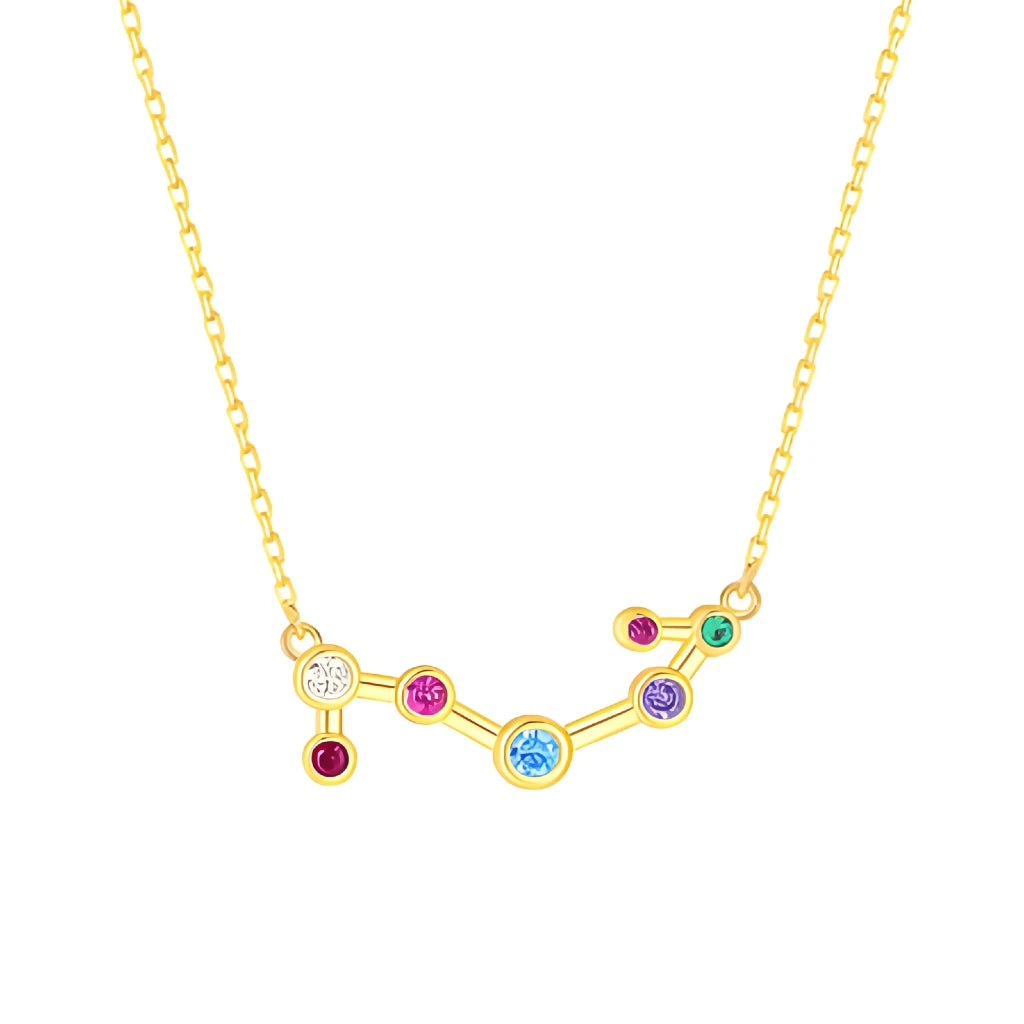 Gold necklace with a zodiac sign pendant featuring colorful gemstones on a white background