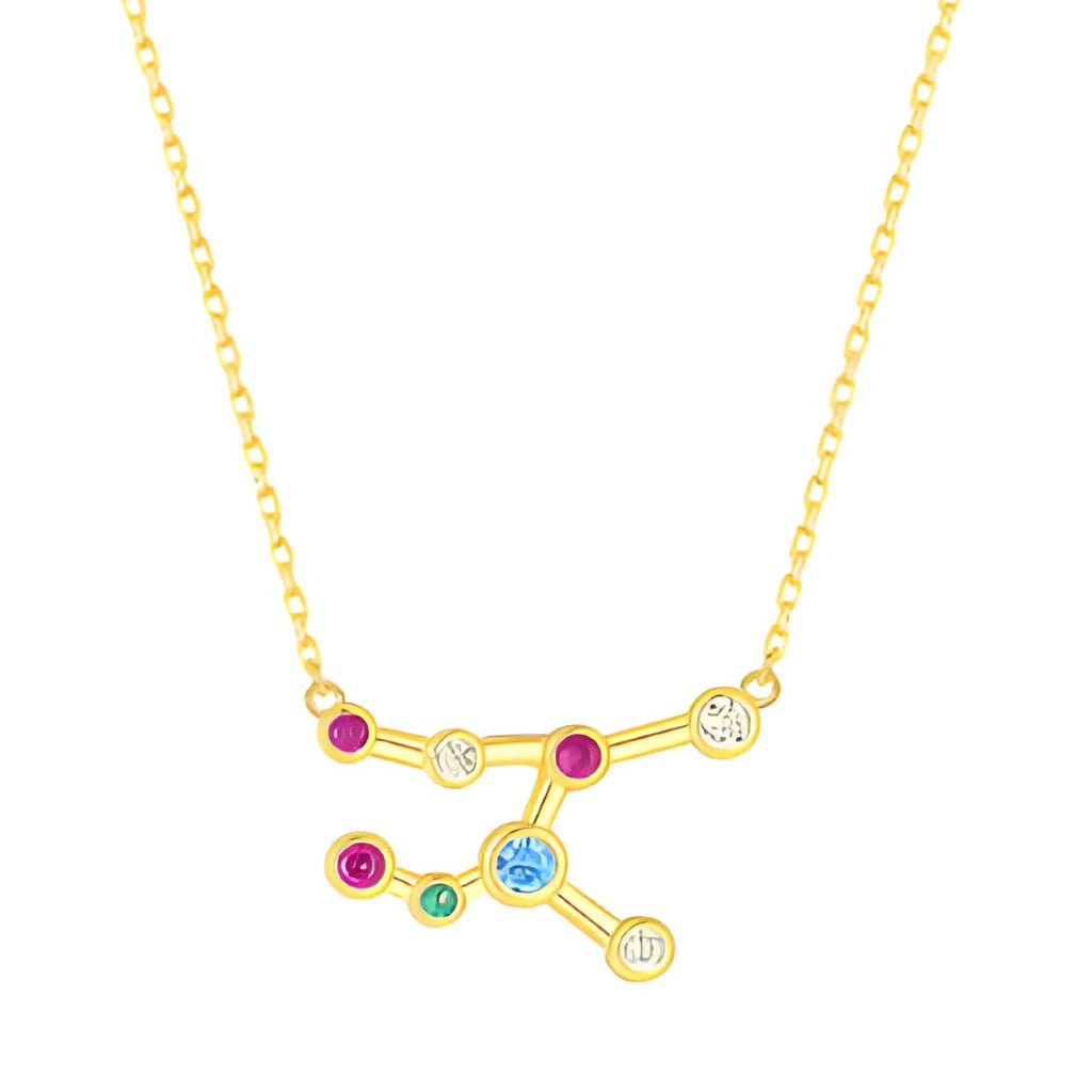 Gold necklace with a zodiac sign pendant featuring colorful gemstones on a white background