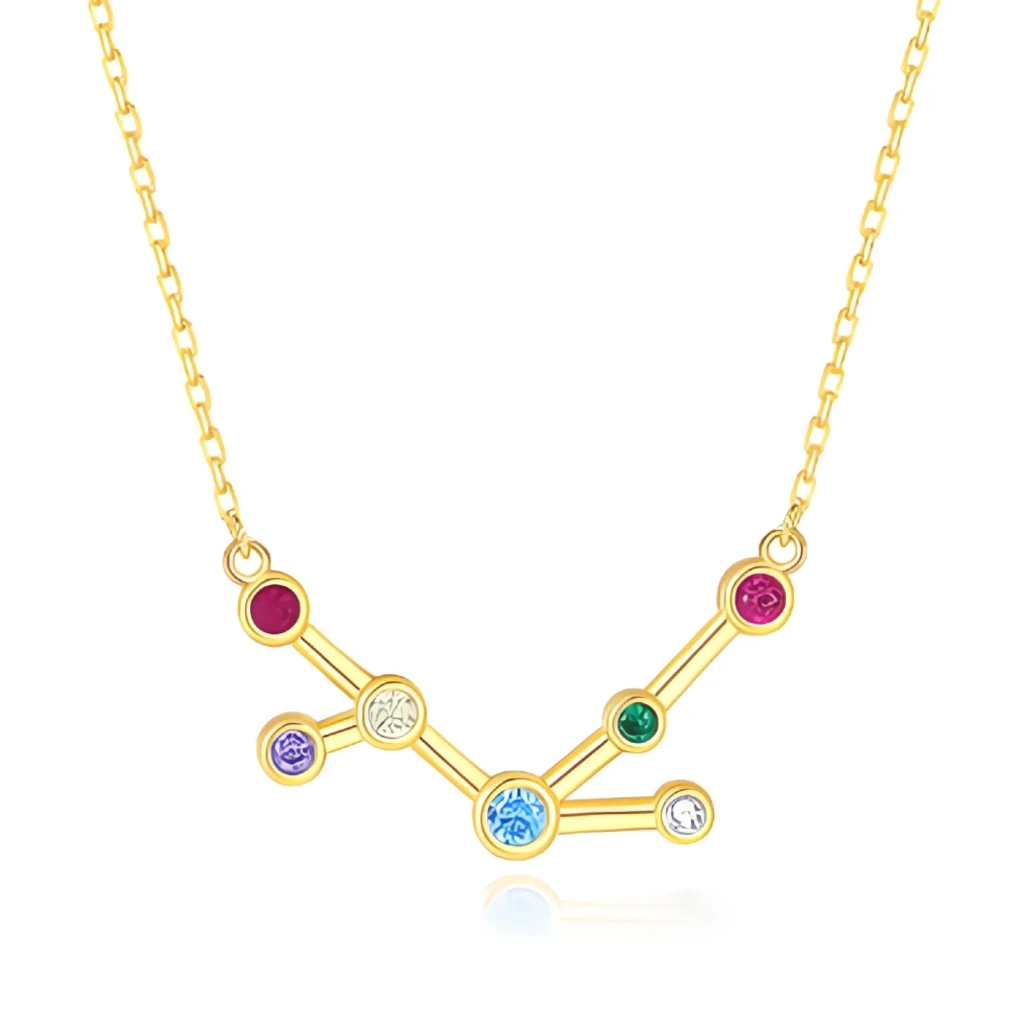 Gold necklace with a zodiac sign pendant featuring colorful gemstones on a white background