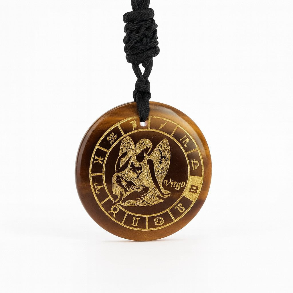 Brown pendant with angel design and astrological symbols on a black cord against a white background