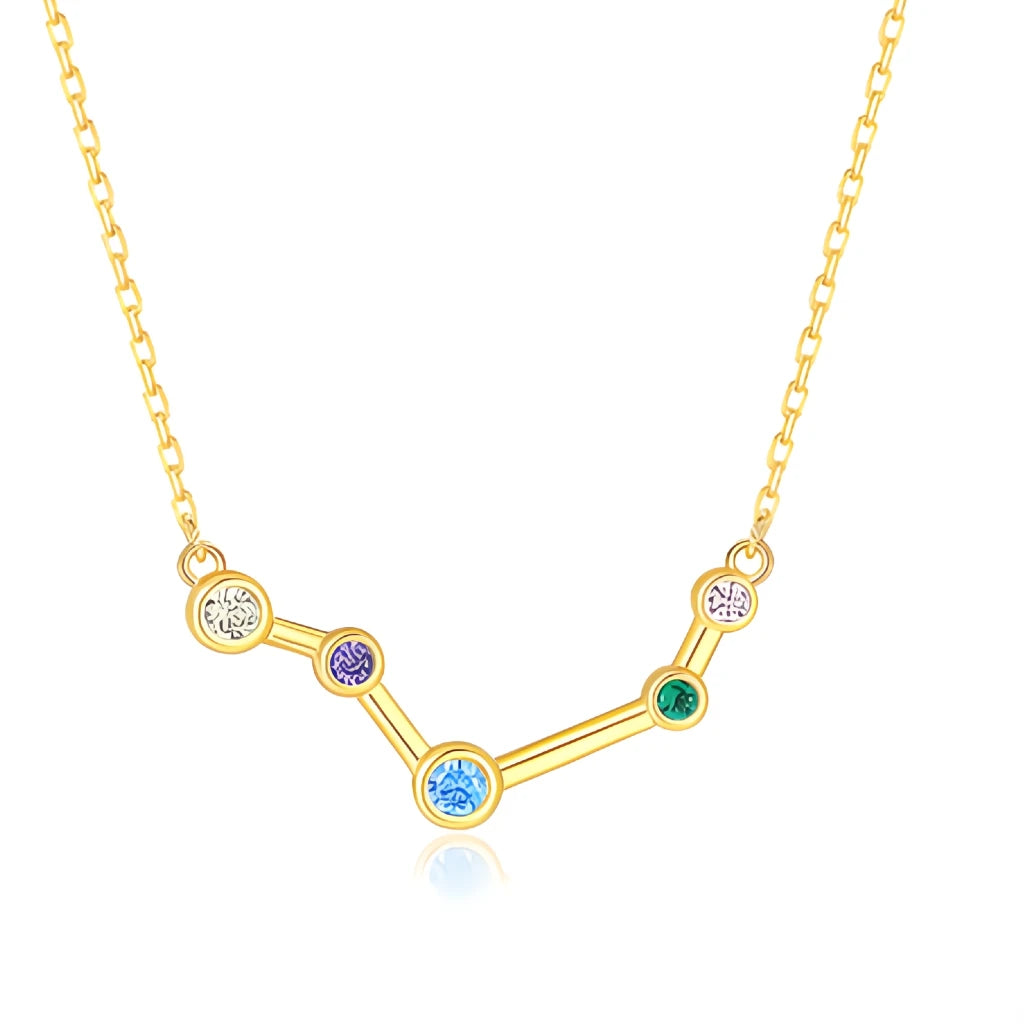Gold necklace with a zodiac sign pendant featuring colorful gemstones on a white background
