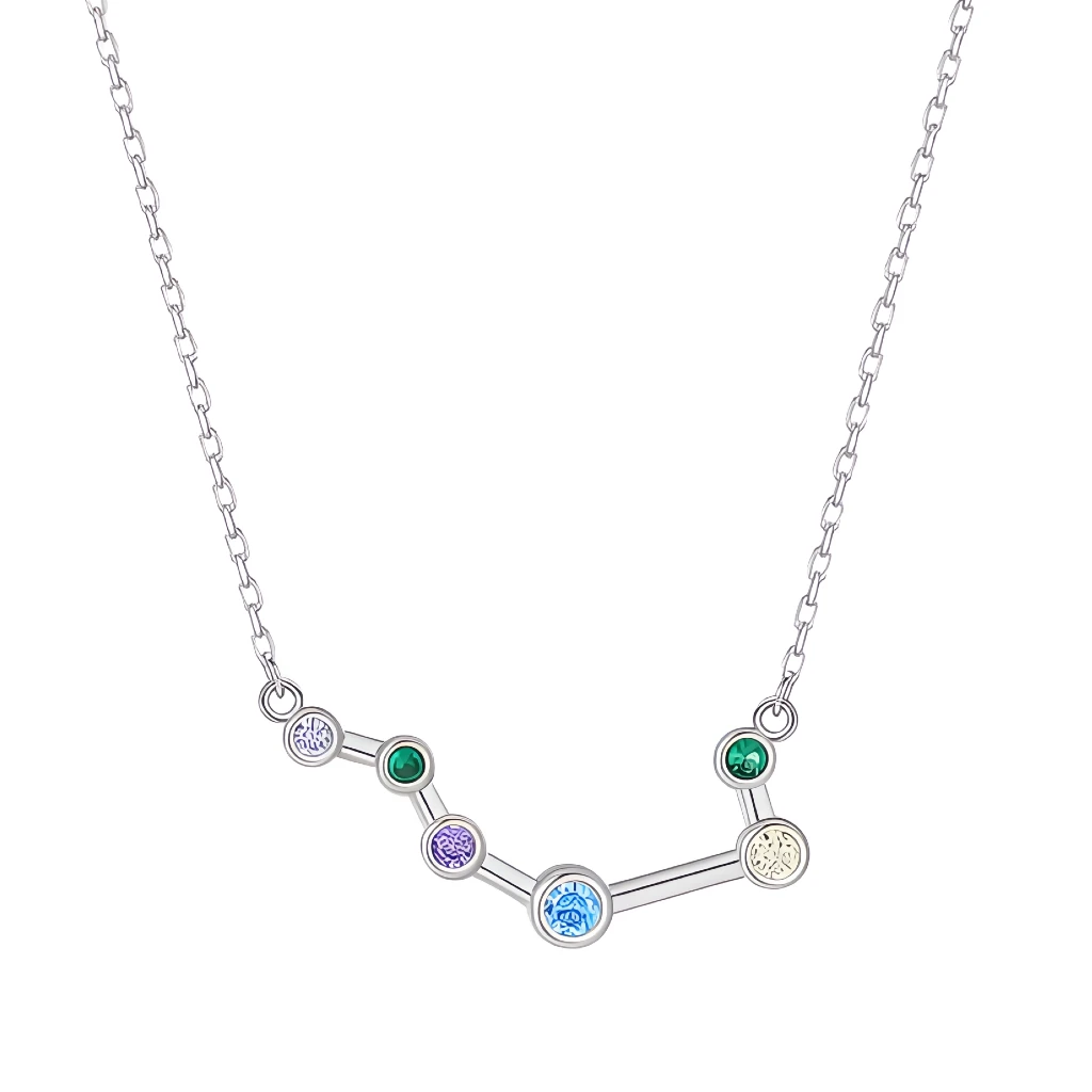 Silver necklace with a zodiac sign pendant featuring colorful gemstones on a white background