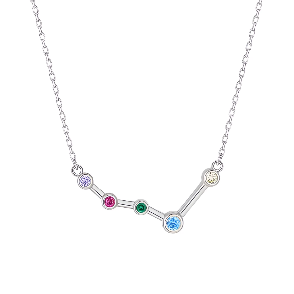 Silver necklace with a zodiac sign pendant featuring colorful gemstones on a white background