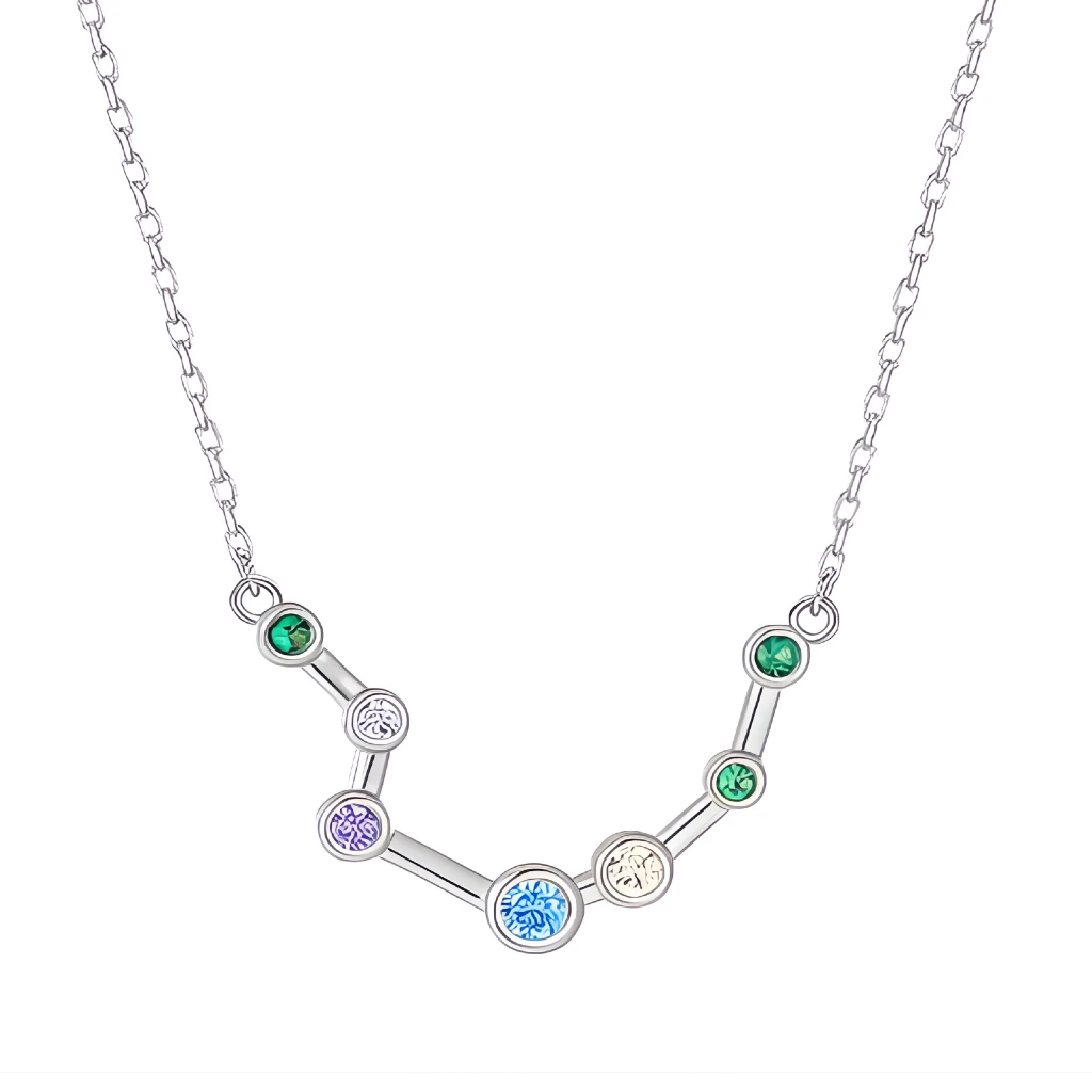 Silver necklace with a zodiac sign pendant featuring colorful gemstones on a white background