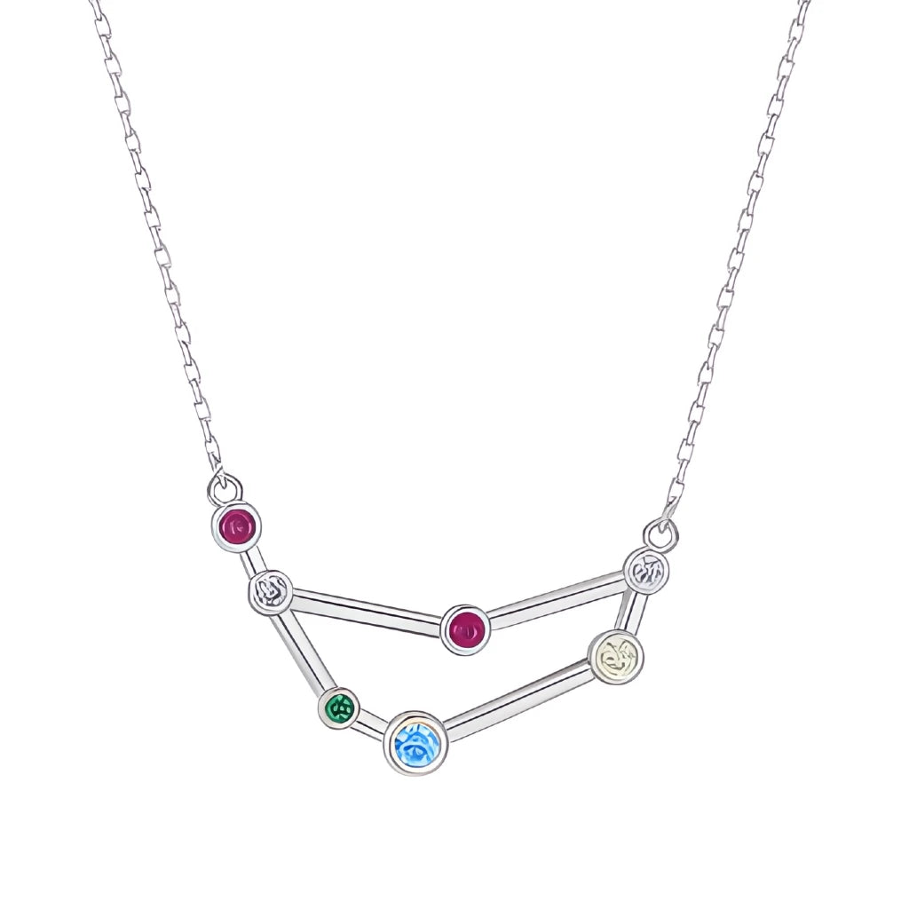 Silver necklace with a zodiac sign pendant featuring colorful gemstones on a white background