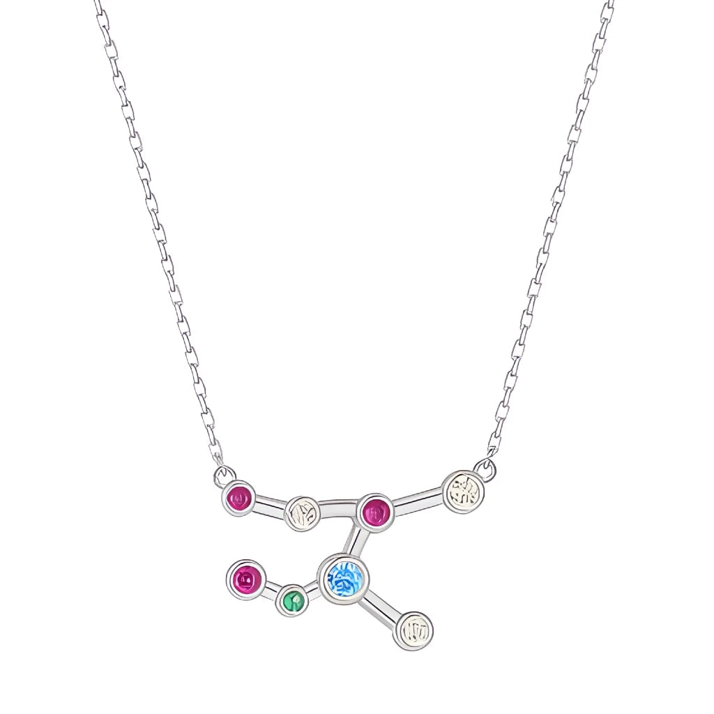 Silver necklace with a zodiac sign pendant featuring colorful gemstones on a white background