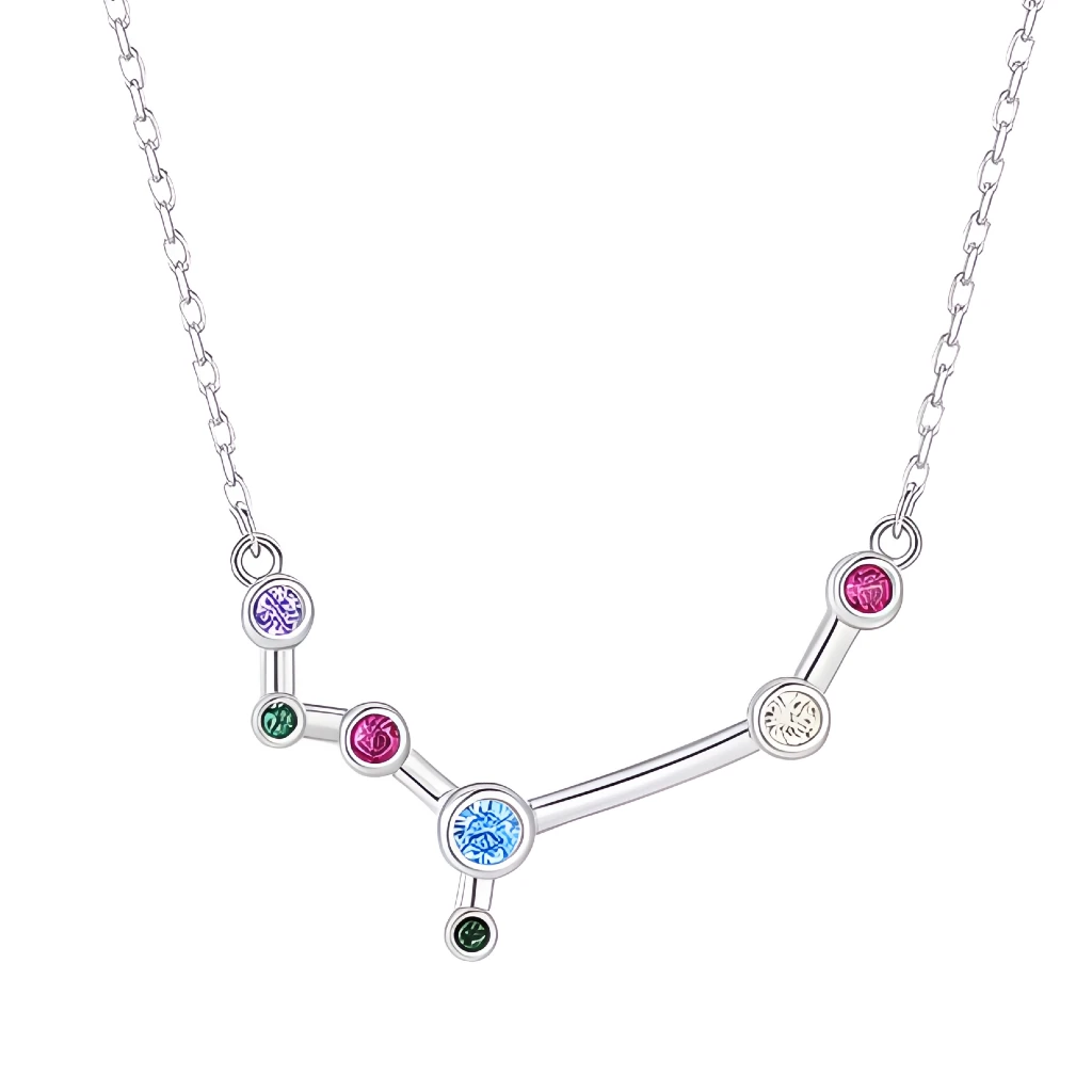 Silver necklace with a zodiac sign pendant featuring colorful gemstones on a white background