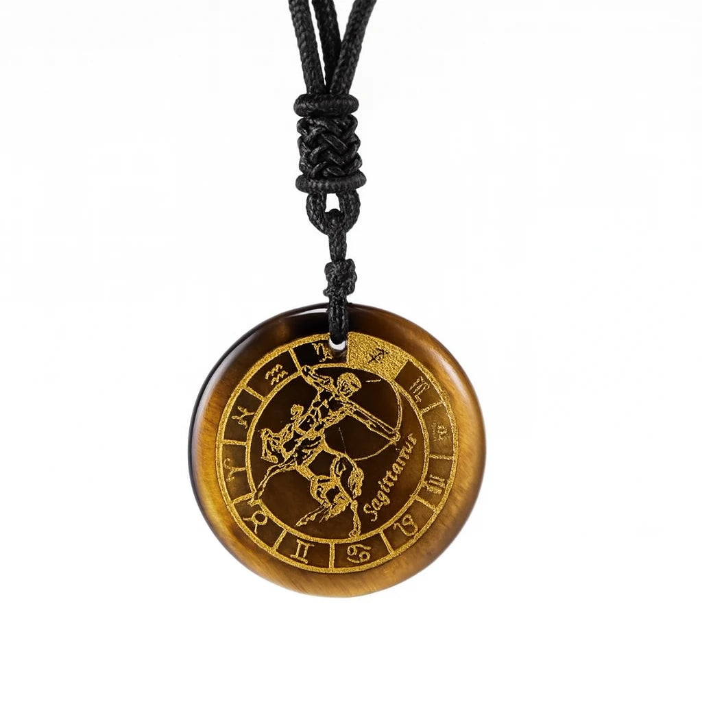 Brown pendant with zodiac design on a black cord against a white background