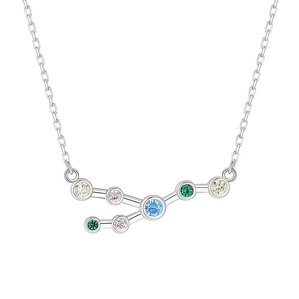 Silver necklace with a zodiac sign pendant featuring colorful gemstones on a white background