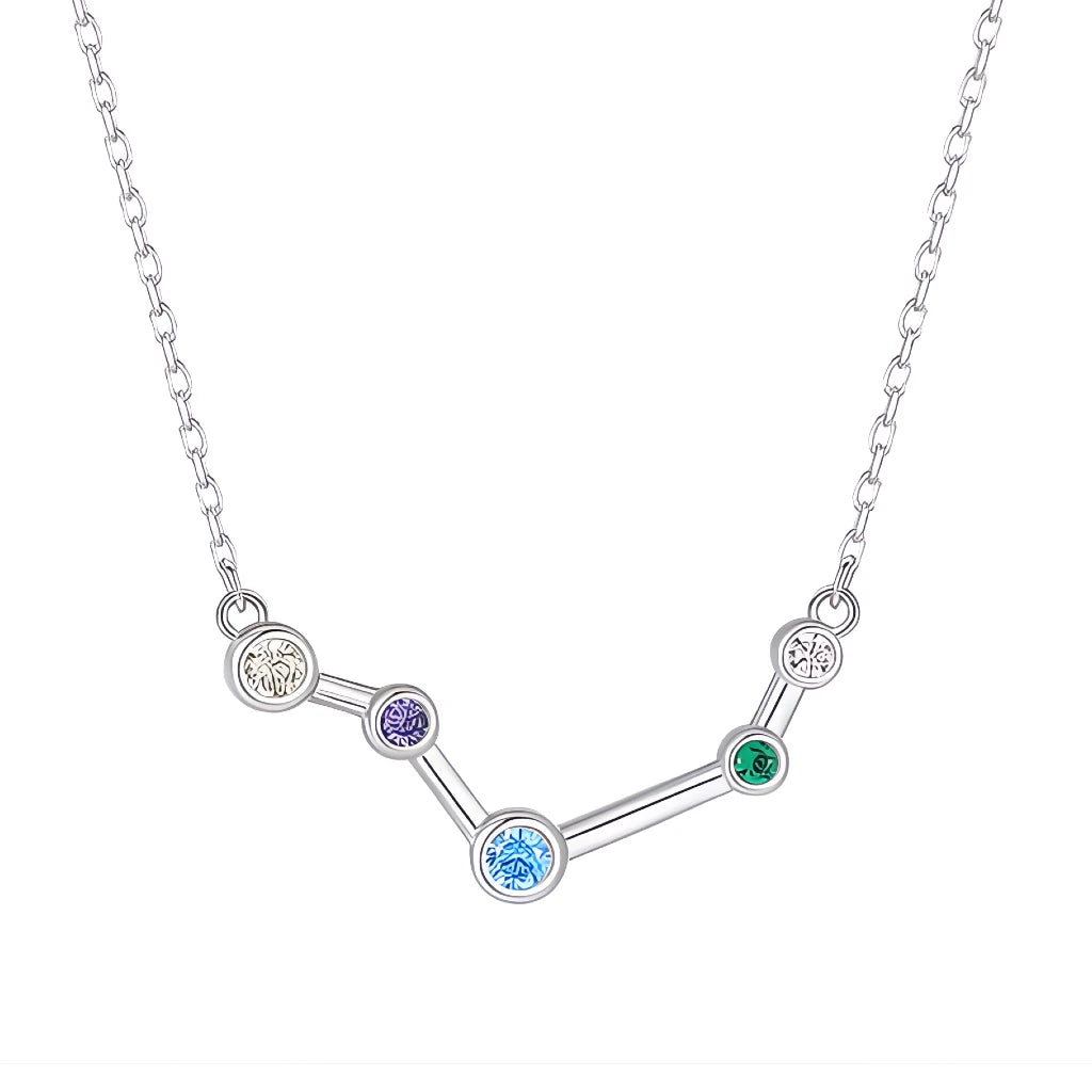 Silver necklace with a zodiac sign pendant featuring colorful gemstones on a white background
