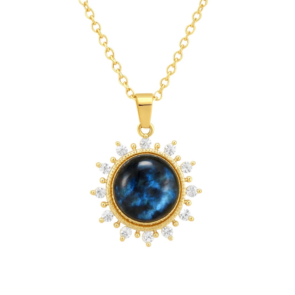 Gold necklace with a blue gemstone pendant on a white background