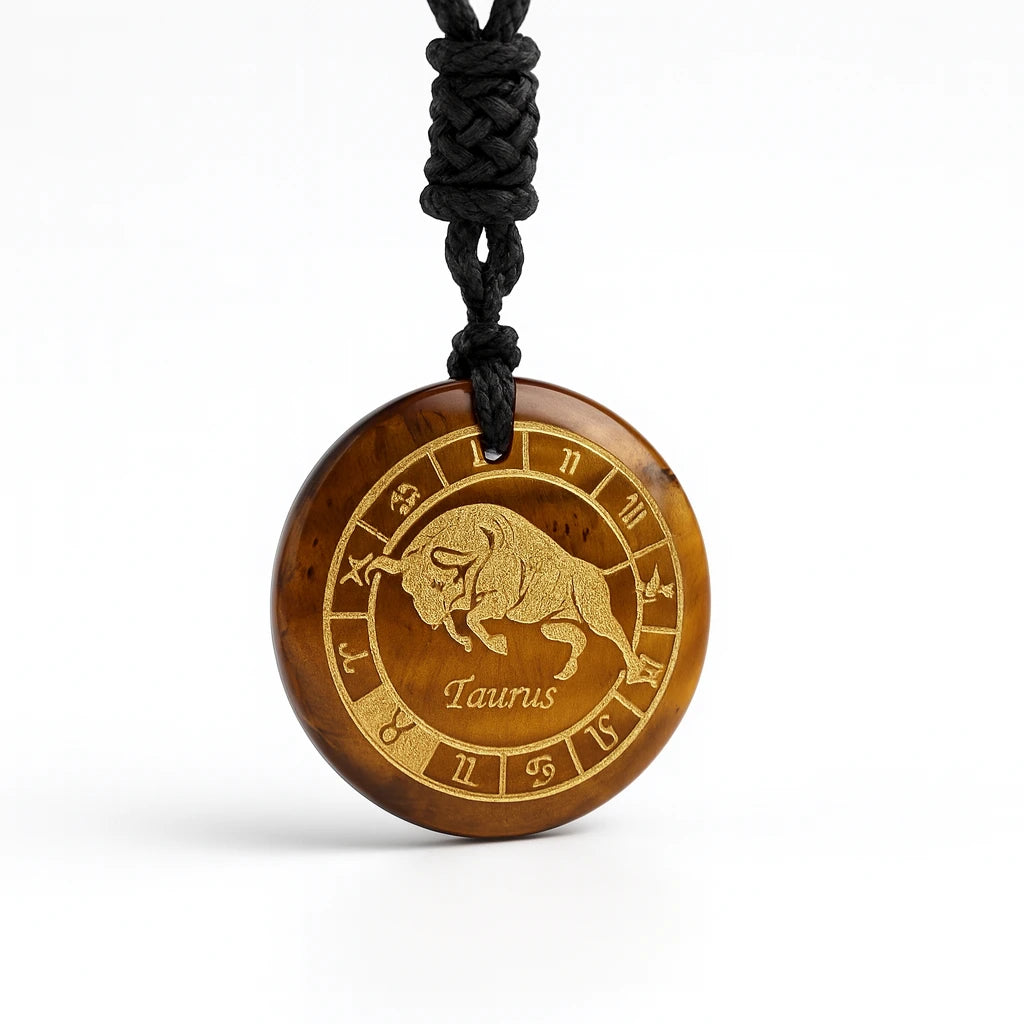 Brown pendant with Taurus zodiac symbol on a black cord against a white background