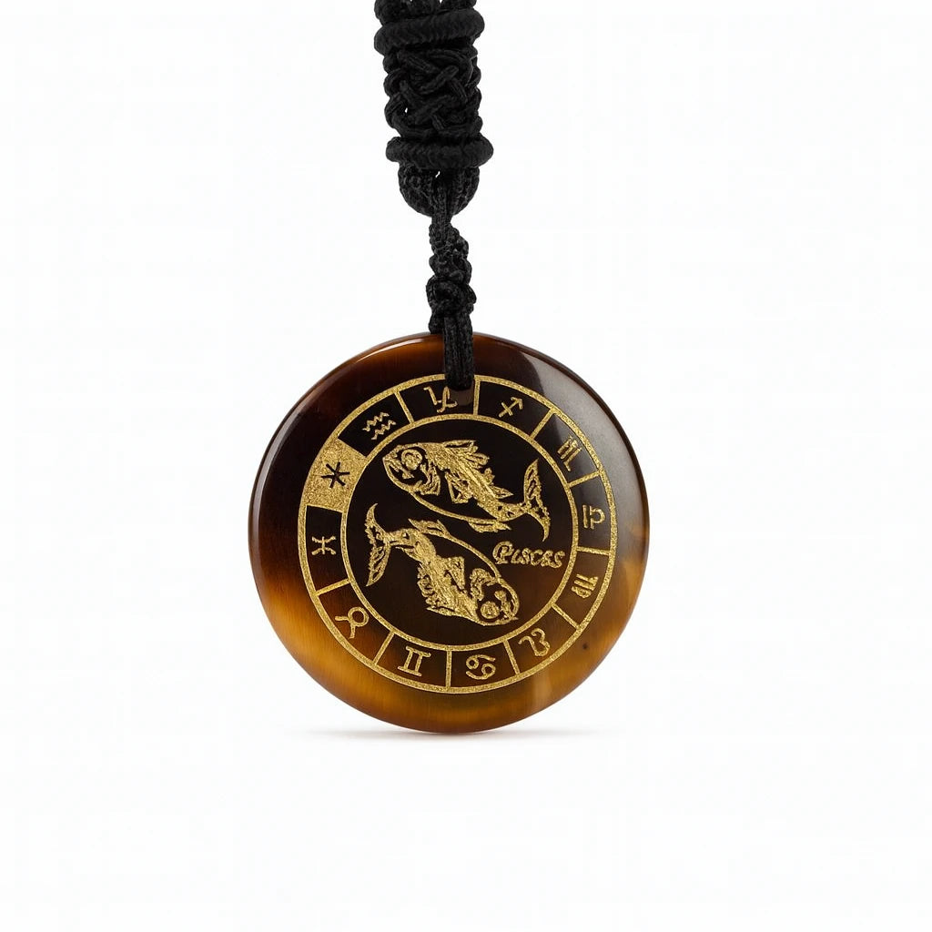 Brown pendant with zodiac design on a black cord against a white background