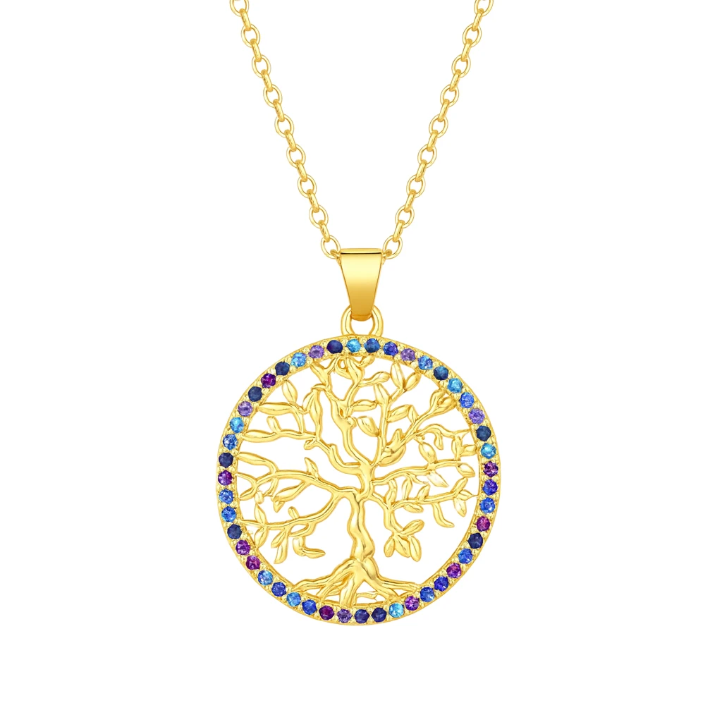 Gold necklace with a tree-shaped pendant featuring colorful stones on a white background